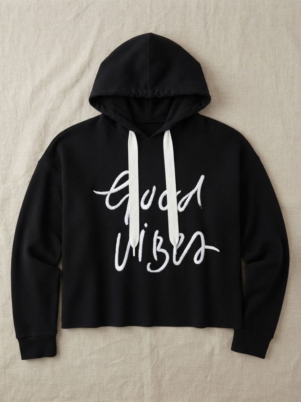 Rose Burg Black "Good Vibes" Embroidered Cropped Oversized Hoodie - Size M